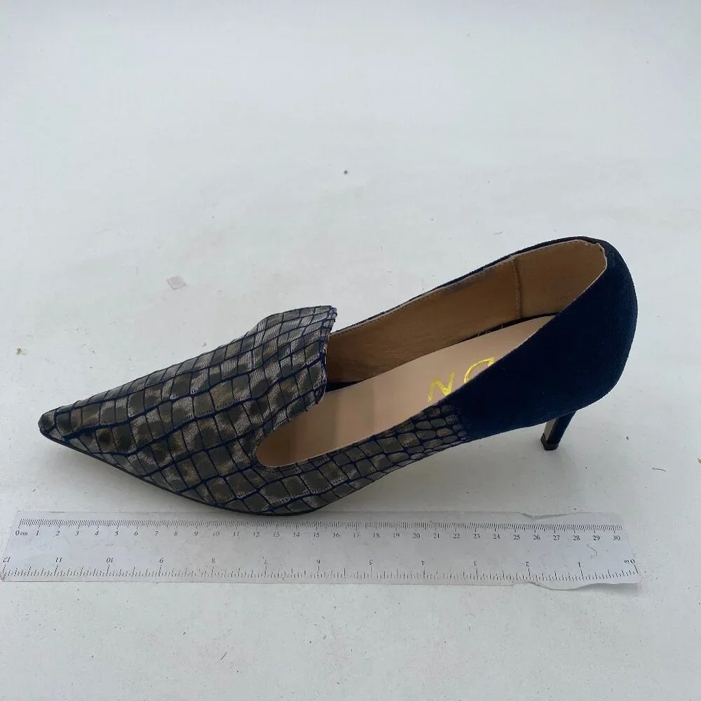 YDN Alligater Navy Mid Heels Slip on Loafer Pumps Pointy Toe Slide Suede Shoes - Picture 2 of 8
